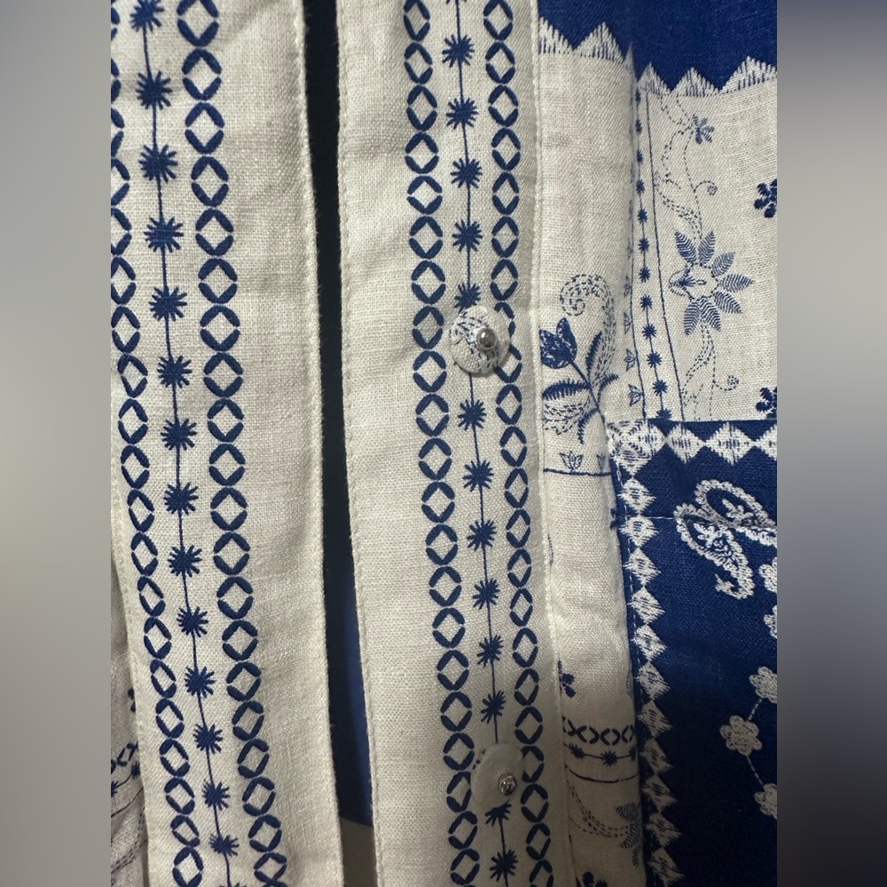 CAROLINE CONSTAS Blue and White Linen Jacket with Patchwork Bandana Print 💙🩵 - Picture 12 of 13